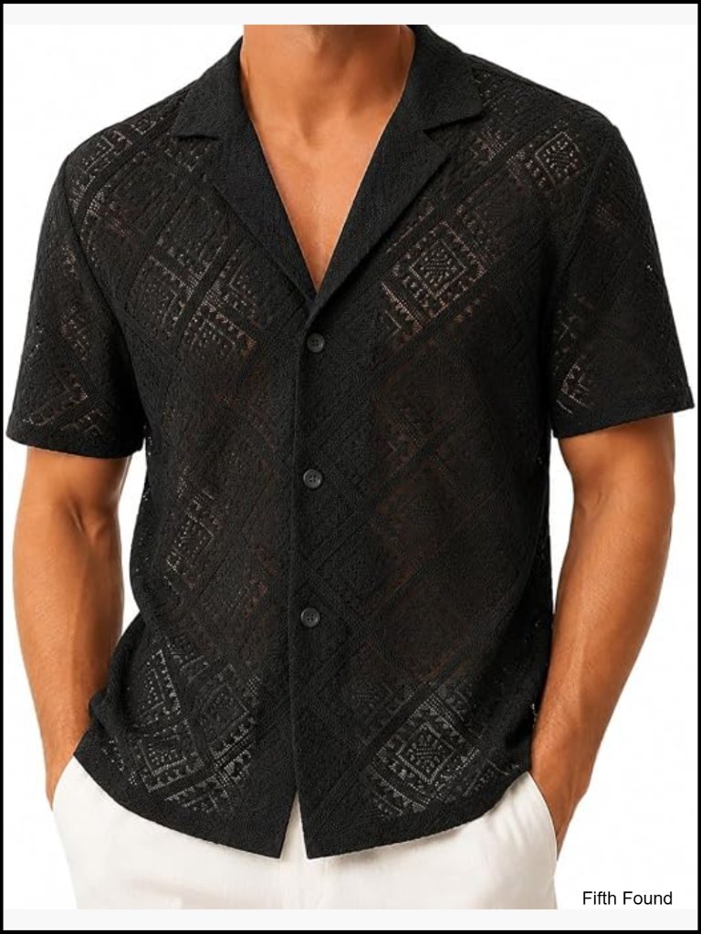 Men's Lace Shirt Hollow Out Sheer See Through Short Sleeve Button Down Casual